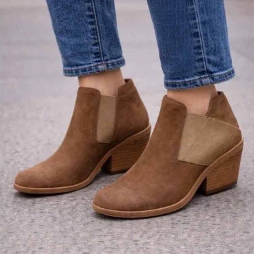 Eileen Fisher "Even" Chunky Tumbled Nubuck Block Heel Ankle Bootie in Sienna Tan